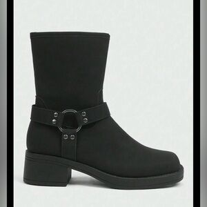 Black Combat Moto Boots with Harness Detail